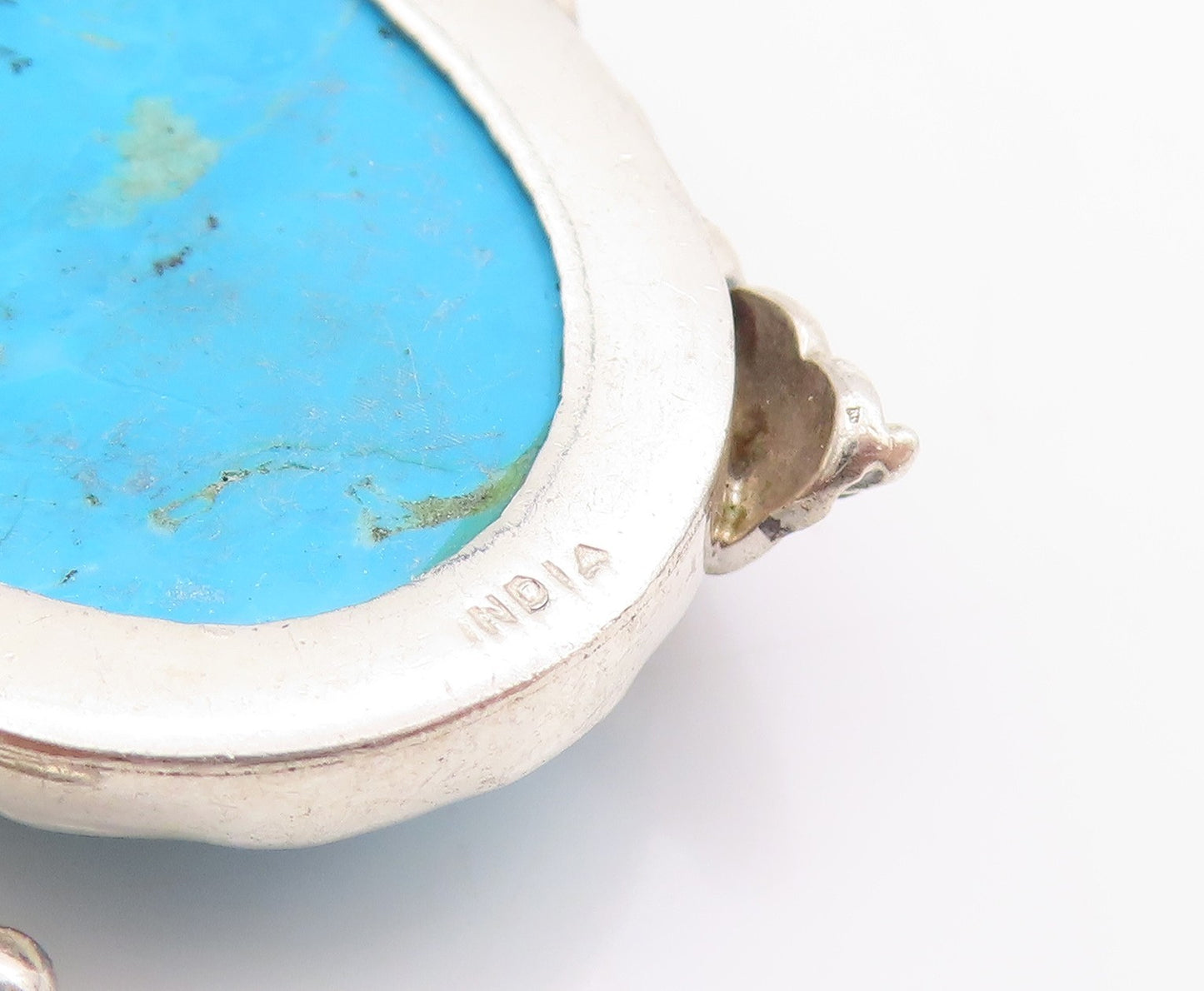 925 Sterling Silver Vintage Pendant Carved Turquoise Flower and Feather  PT24893