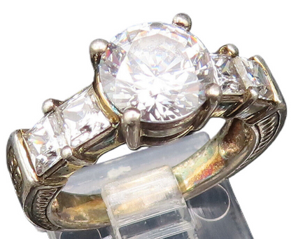 925 Silver  Vintage Multi Cubic Zirconia Etched Shank Ring Sz 6  RG25630