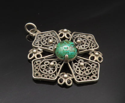 ISRAEL 925 Silver   Vintage Filigree Swirl Chrysocolla Cross Pendant  PT20581