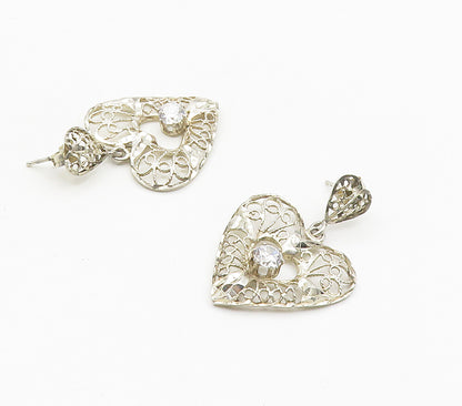 925 Sterling Silver  Vintage Cubic Zirconia Love Heart Drop Earrings  EG7967