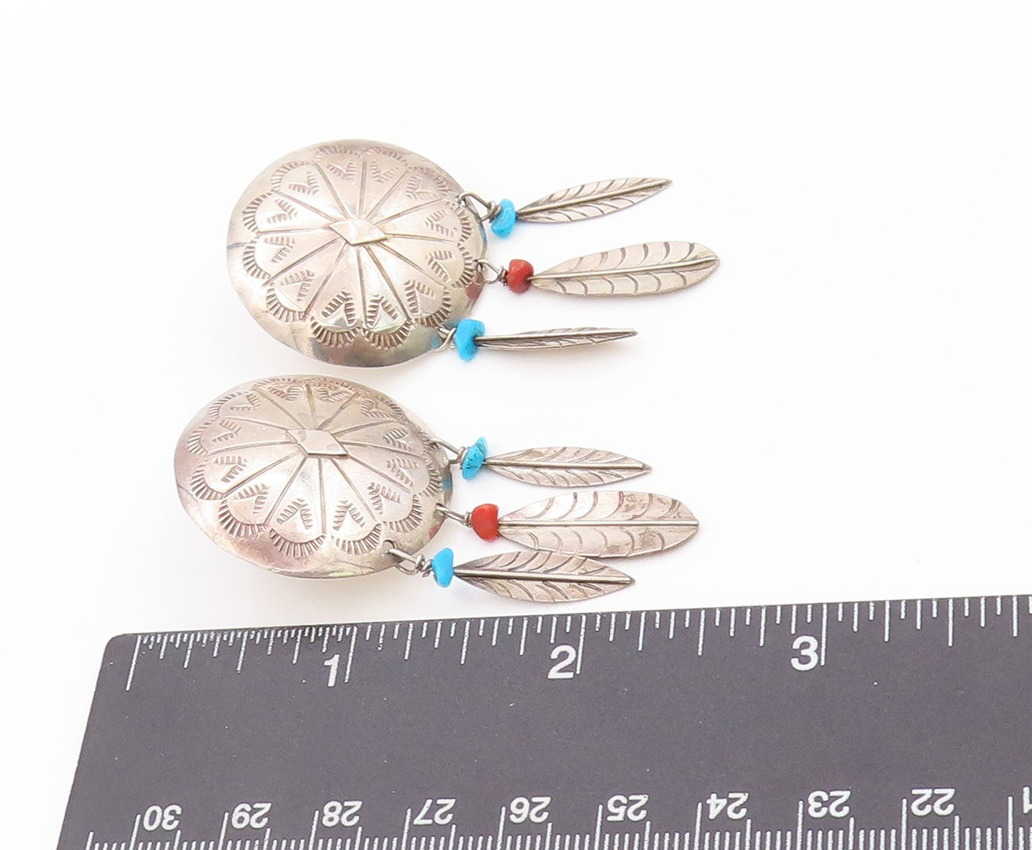 925 Sterling Silver Vintage Earrings SOUTHWESTERN Turquoise Feathers EG13530