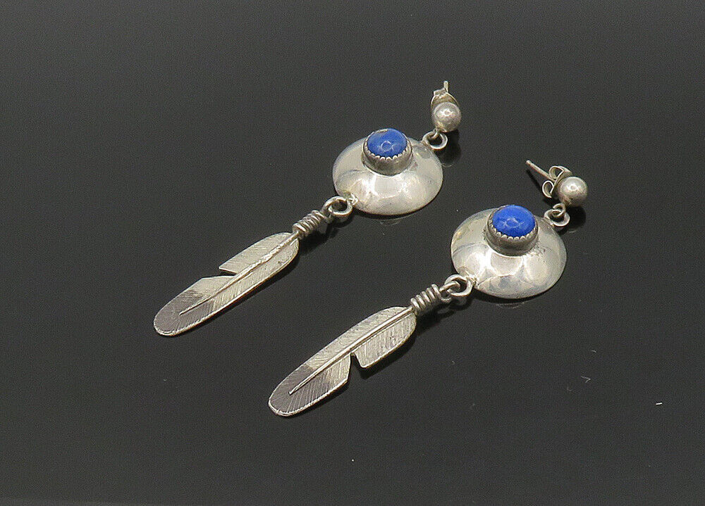 NAVAJO 925 Silver  Vintage Lapis Lazuli Feather Dangle Earrings  EG11215