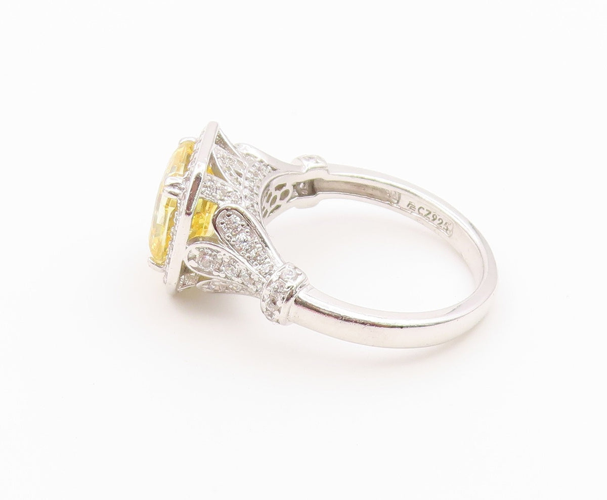 925 Sterling Silver Vintage Ring Citrine & CZ Octagon Halo Band  Sz 8  RG36576