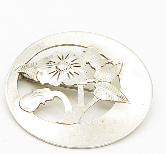 DESIGNER 925 Sterling Silver  Vintage Shiny Etched Floral Brooch Pin  BP6996