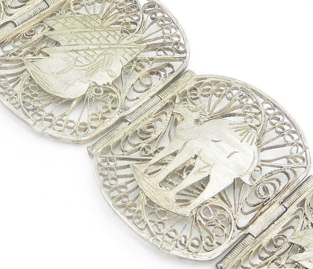 925 Sterling Silver Vintage Antique Filigree Panel Chain Bracelet BT3374
