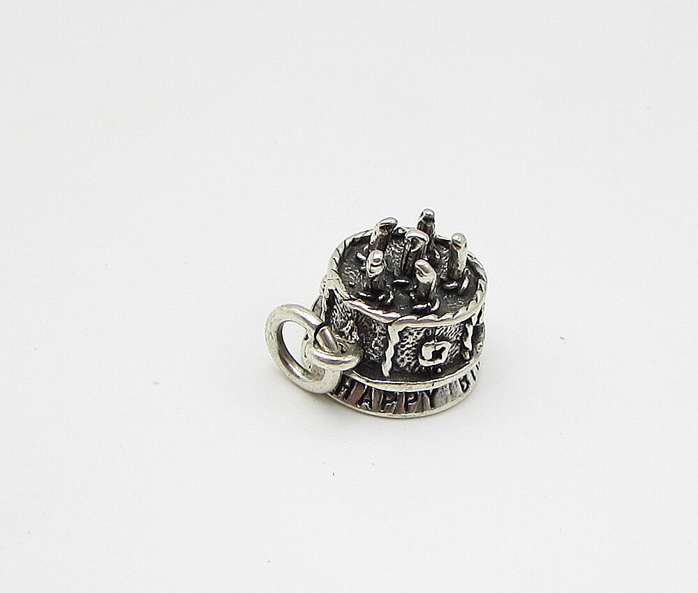925 Sterling Silver  Vintage Happy Birthday Cake Charm Pendant  PT1821