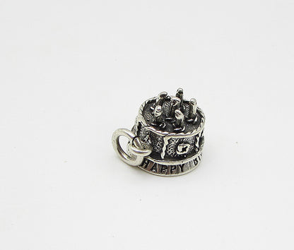 925 Sterling Silver  Vintage Happy Birthday Cake Charm Pendant  PT1821
