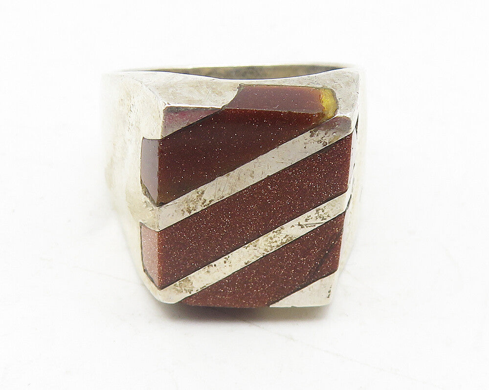 MEXICO 925 Sterling Silver Vintage Goldstone Striped Cocktail Ring Sz 12 RG12051