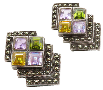 925 Sterling Silver  Vintage Amethyst Citrine Peridot Drop Earrings  EG6513