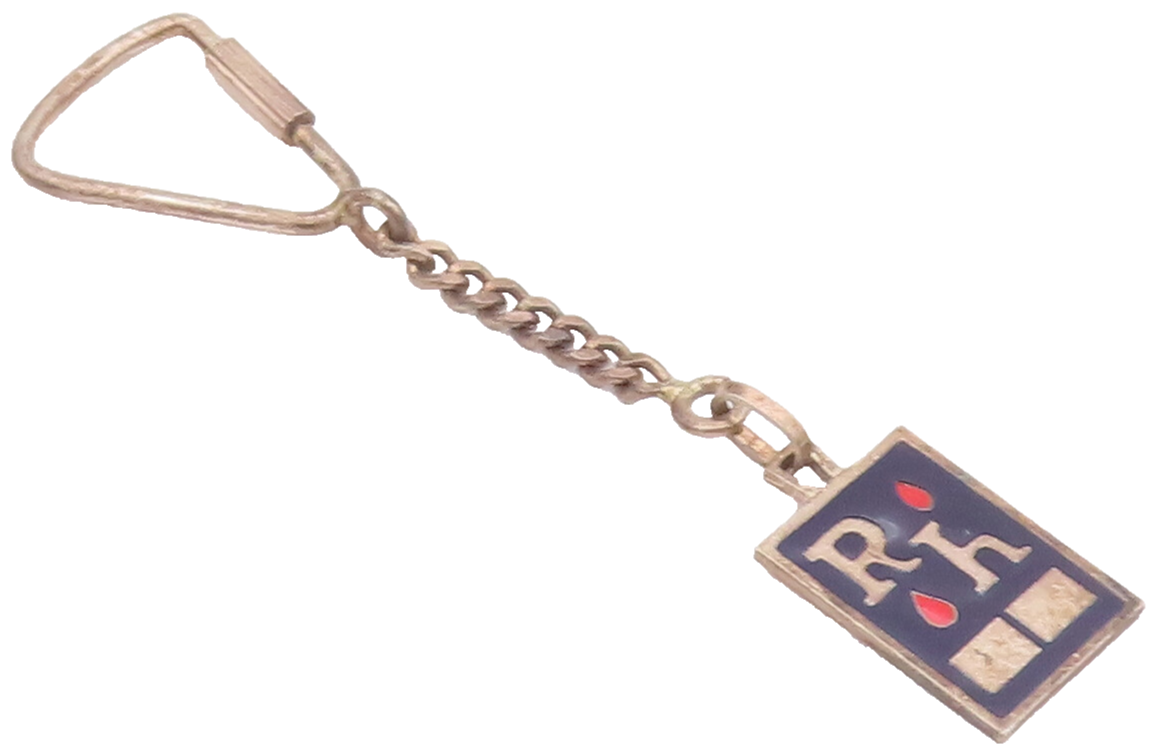 925 Sterling Silver Vintage Key Chain Blue & Red Enameled Carved 'RH'  TR3717