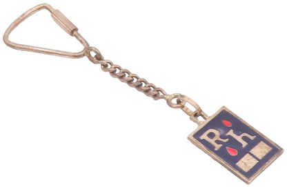 925 Sterling Silver Vintage Key Chain Blue & Red Enameled Carved 'RH'  TR3717