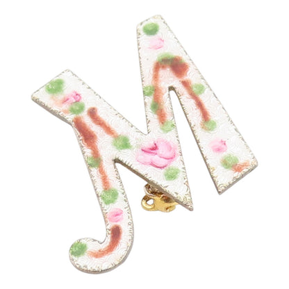 925 Sterling Silver Vintage Brooch Pin Guilloche Enamel Floral M Initial BP12489