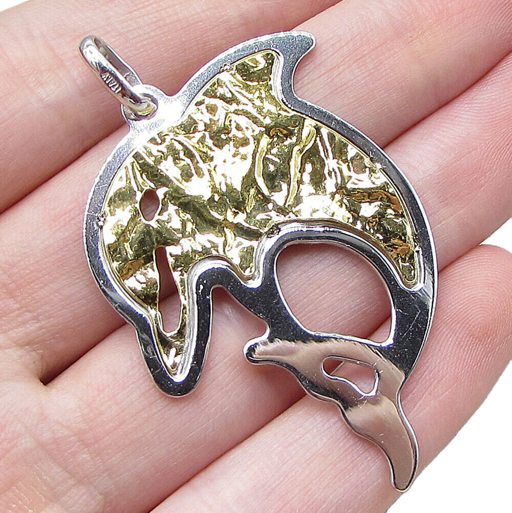 925 Sterling Silver Hammered 2 Tone Jumping Dolphin Drop Pendant PT1439