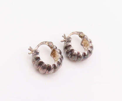 925 Sterling Silver Vintage Earrings Dark Tone Grooved Mini Hoops  EG13650