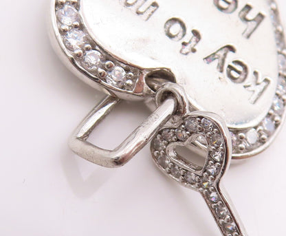 925 Sterling Silver Vintage Pendant Round CZ Engraved Key To Me Heart   PT25484