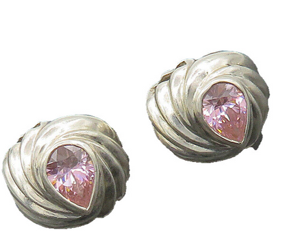 925 Sterling Silver  Vintage Pink Cubic Zirconia Fluted Drop Earrings  EG10142
