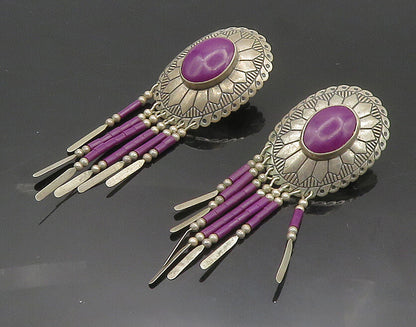 SOUTHWESTERN 925 Silver Vintage Sugilite Etched Detail Dangle Earrings EG9301