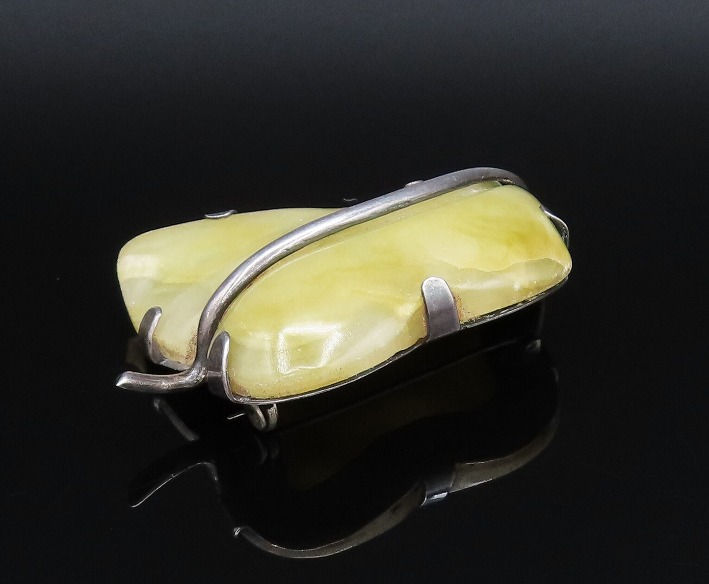 MEXICO 925 Sterling Silver Vintage Unique Yellow Jade Leaf Brooch Pin BP9891