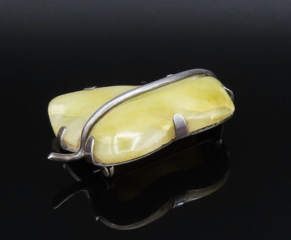 MEXICO 925 Sterling Silver Vintage Unique Yellow Jade Leaf Brooch Pin BP9891