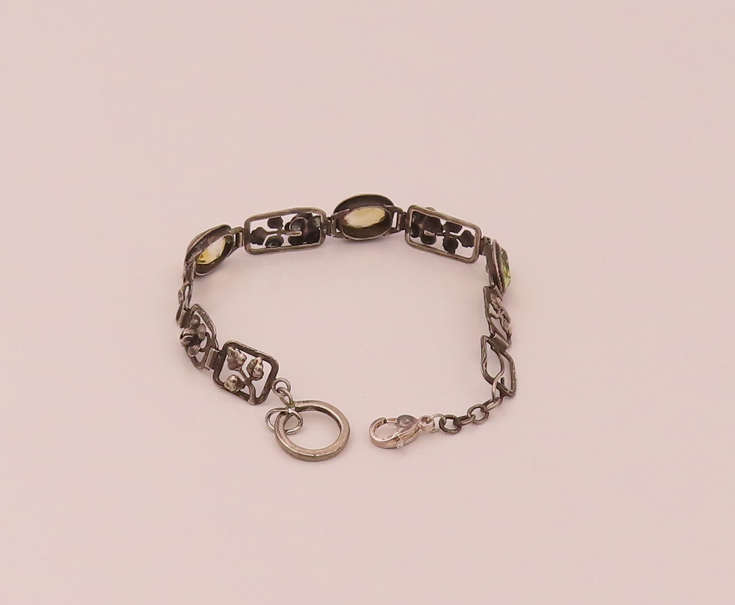 GERMANY 925 Silver  Vintage Rose & Leaf stencil Cutout Citrine Bracelet BT9839