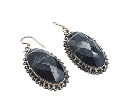 925 Sterling Silver  Vintage Faceted Black Agate Oval Dangle Earrings  EG3207