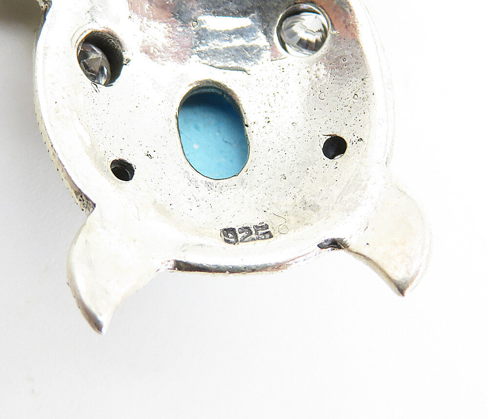925 Sterling Silver  Vintage Turquoise & Cubic Zirconia Turtle Pendant  PT6067