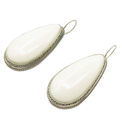 925 Sterling Silver  Vintage Cabochon Cut White Onyx Drop Earrings  EG8884