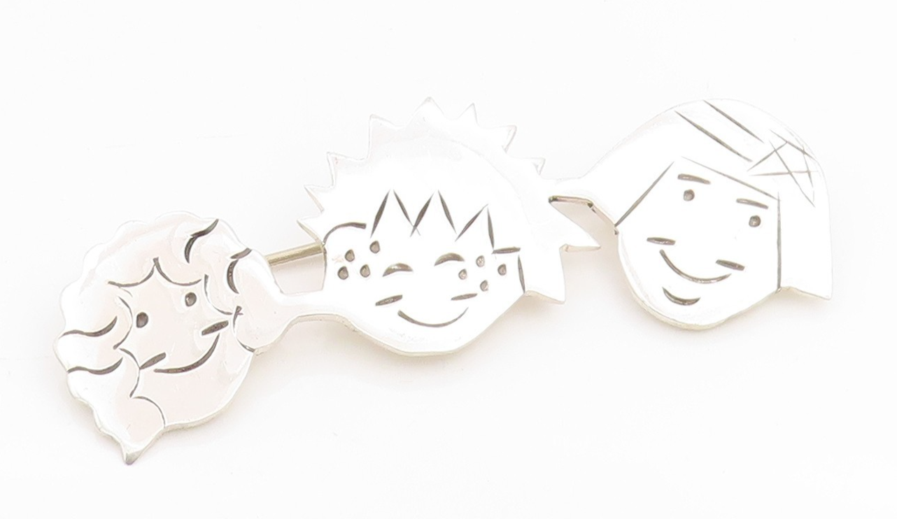 925 Sterling Silver Vintage Brooch Etched Family Ties Smiling Faces Pin  BP11992