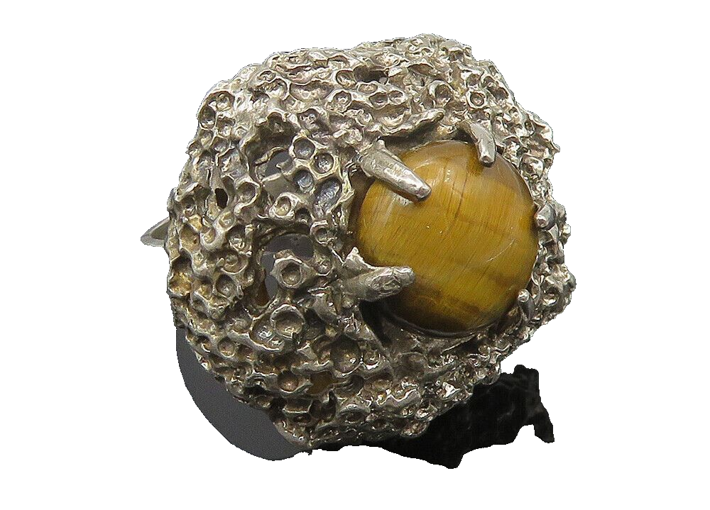 925 Sterling Silver  Vintage Tiger's Eye Sculpted Cocktail Ring Sz 7  RG11601
