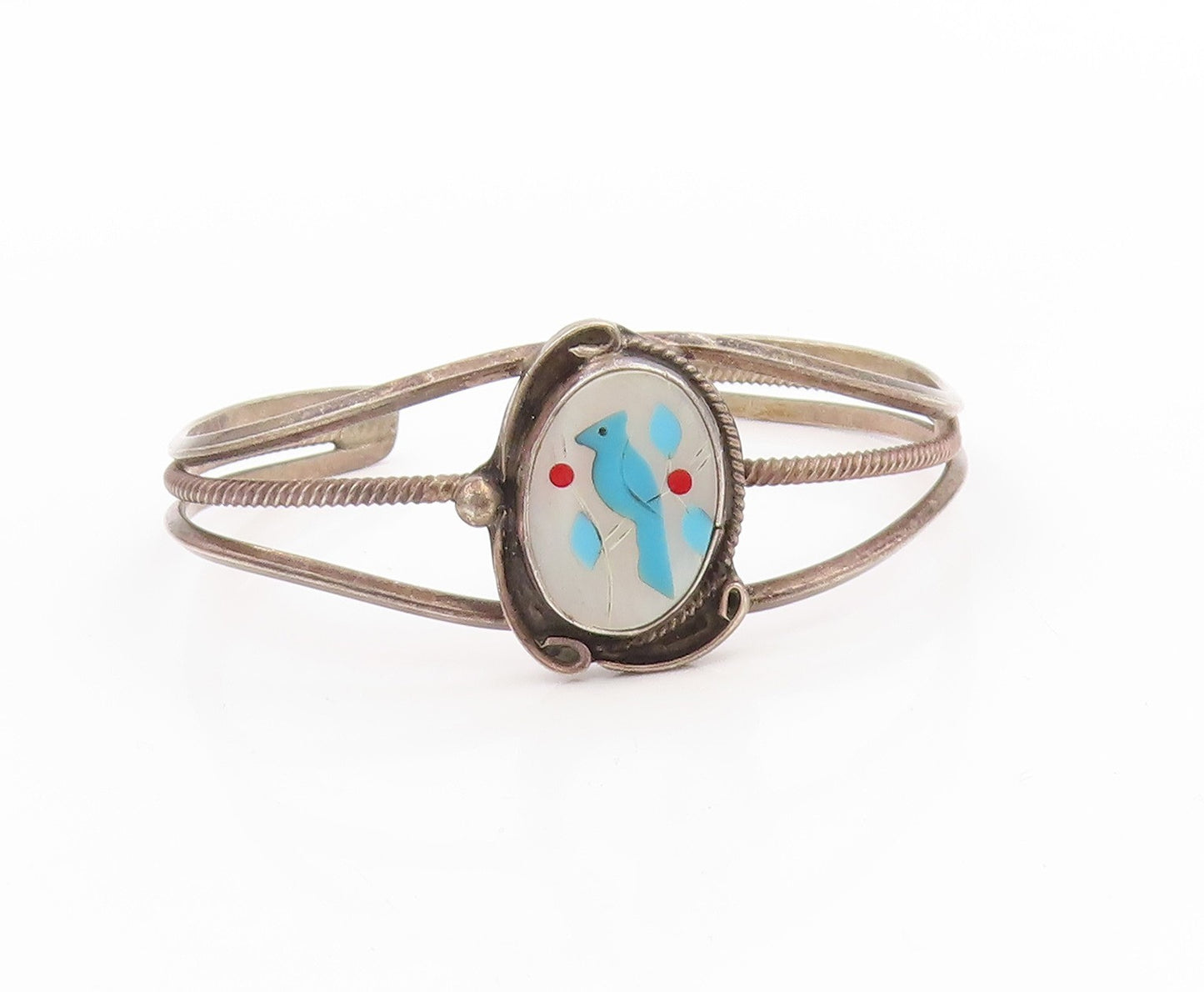 925 Sterling Silver Vintage Bracelet NAVAJO ZUNI Mother Of Pearl Bird  BT11783