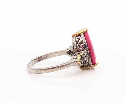 925 Sterling Silver Vintage Ring Diamonds & Drop Cut Red Gemstone  Sz 7  RG30299