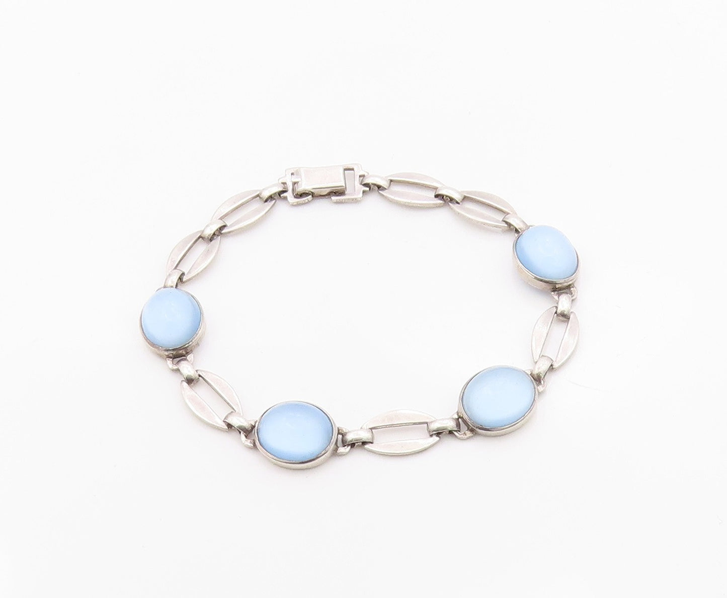 925 Sterling Silver Vintage Bracelet Elegant Cabochon Cat Eye Link  BT12113