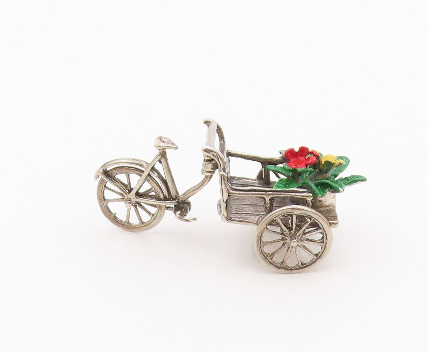925 Sterling Silver  Vintage Enamel Flowers on Bicycle Wagon Trinket  TR2746