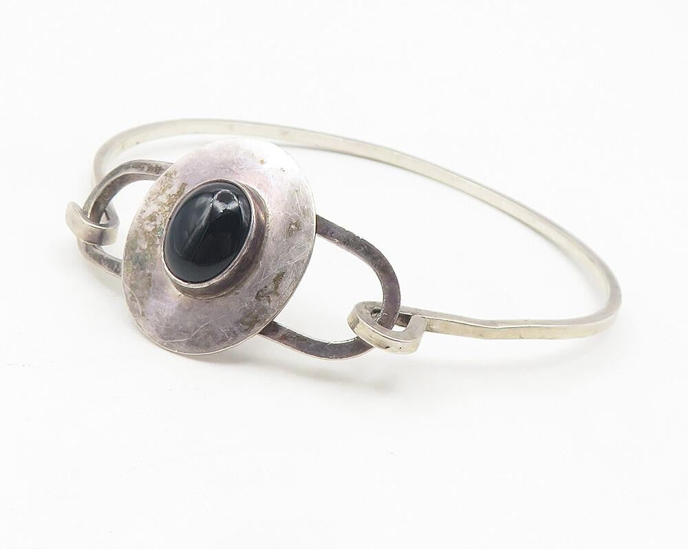 EM NAVAJO 925 Silver  Vintage Cabochon Black Onyx Hook Bangle Bracelet  BT4637