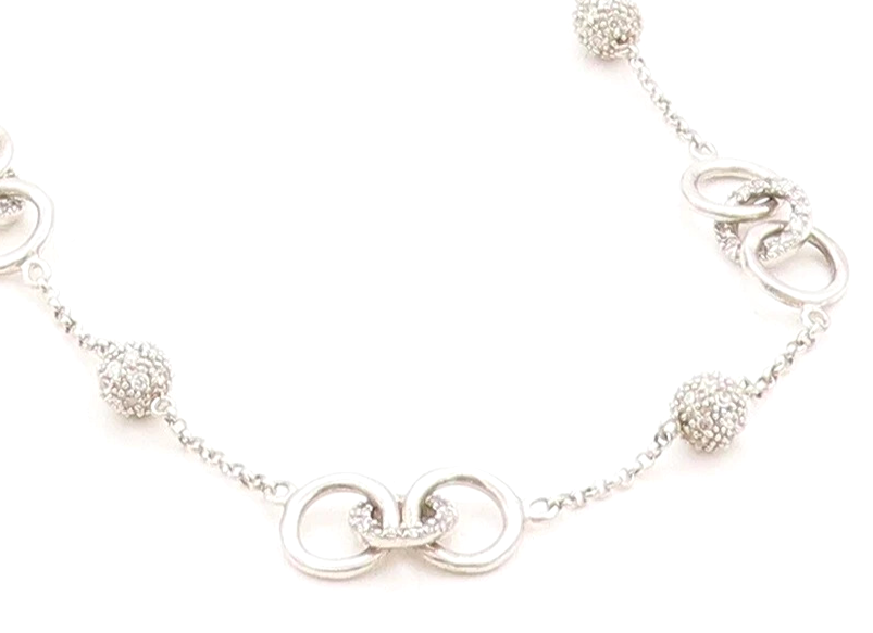 925 Sterling Silver  Shiny Topaz Encrusted Round Link Chain Necklace  NE2257