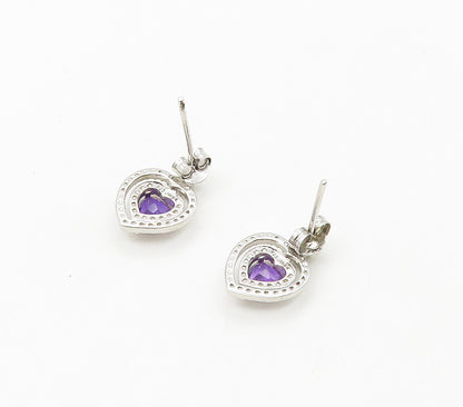 925 Sterling Silver  Genuine Diamonds & Amethyst Heart Drop Earrings  EG8432