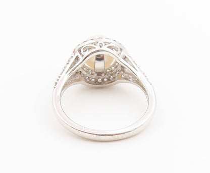 925 Sterling Silver Vintage Ring Pearl & Halo CZ Statement Band  Sz 7  RG36917