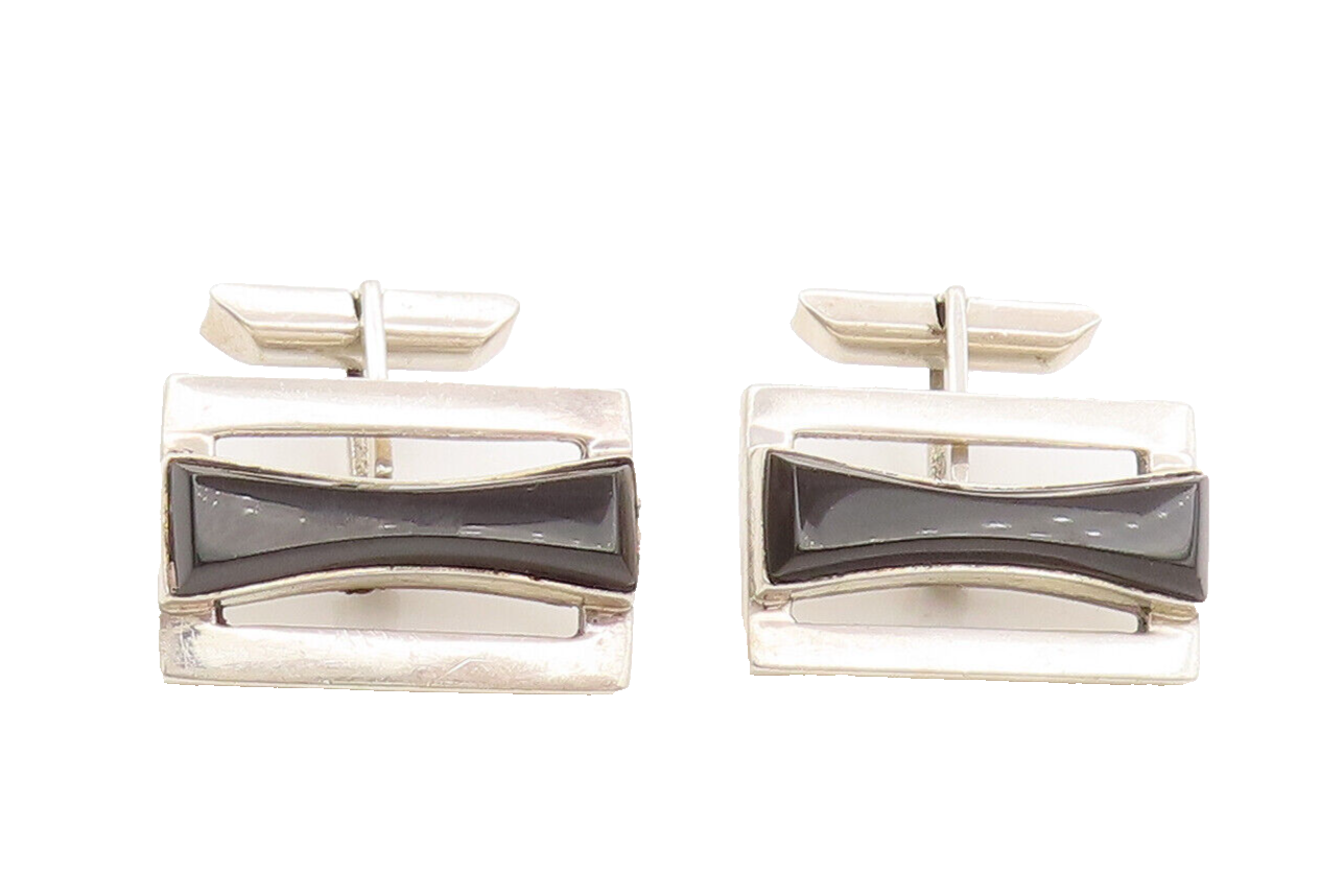 RIC MEXICO 925 Silver  Vintage Modernist Hour Glass Cut Onyx Cuff Links TR3543