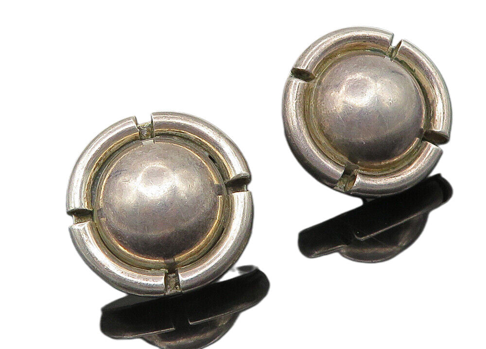 MEXICO 925 Silver   Vintage Dark Tone Smooth Hollow Dome Drop Earrings  EG5754