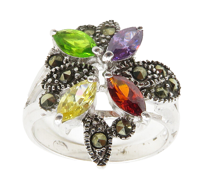 925 Silver  Topaz Amethyst Peridot & Marcasite Cocktail Ring Sz 6  RG13219