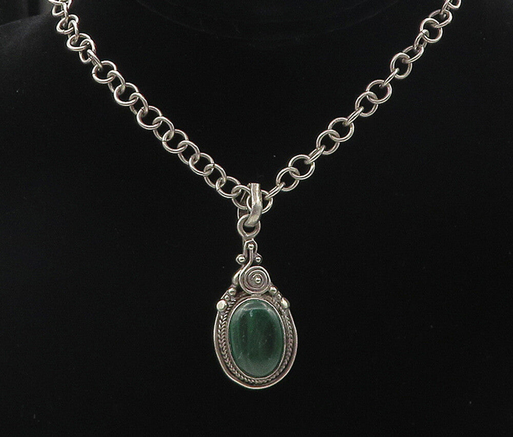 925 Sterling Silver Vintage Cabochon Cut Malachite Chain Necklace NE1460