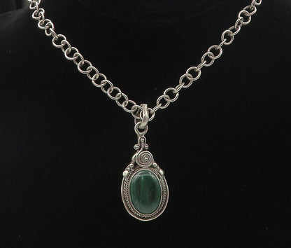 925 Sterling Silver Vintage Cabochon Cut Malachite Chain Necklace NE1460