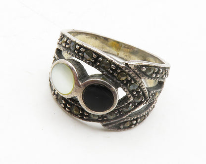 925 Sterling Silver  Vintage Mother Of Pearl & Onyx Band Ring Sz 6  RG13676