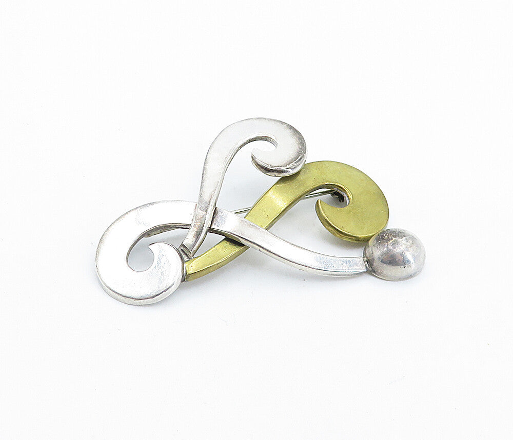 MEXICO 925 Sterling Silver  Vintage Shiny Two Tone Swirl Brooch Pin  BP2733