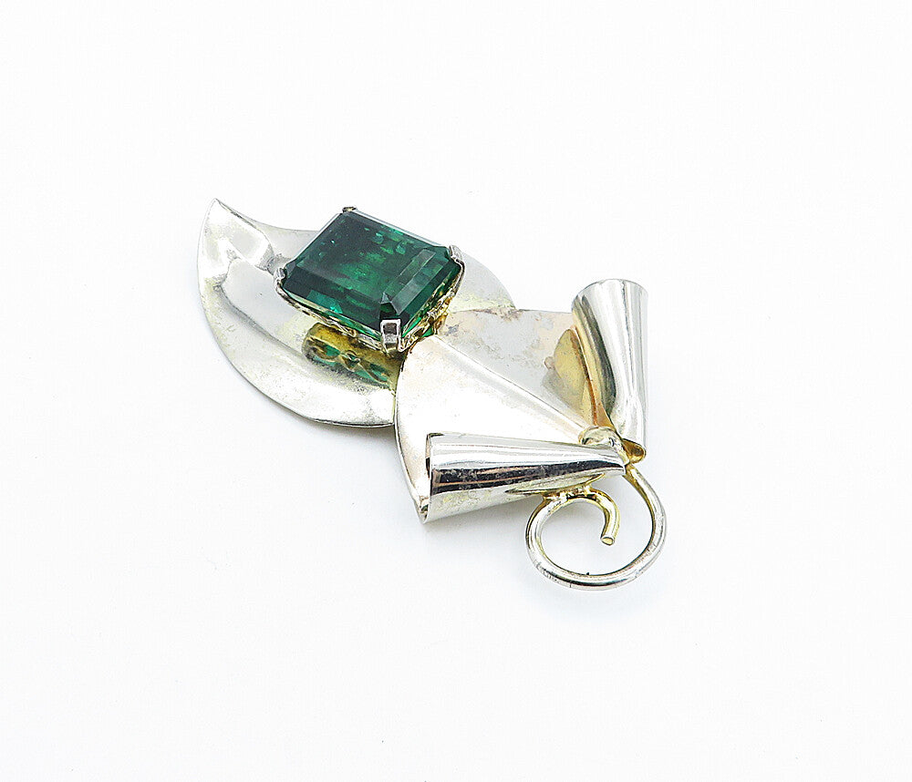 925 Sterling Silver  Vintage Green Topaz Shiny Modernist Brooch Pin  BP2444