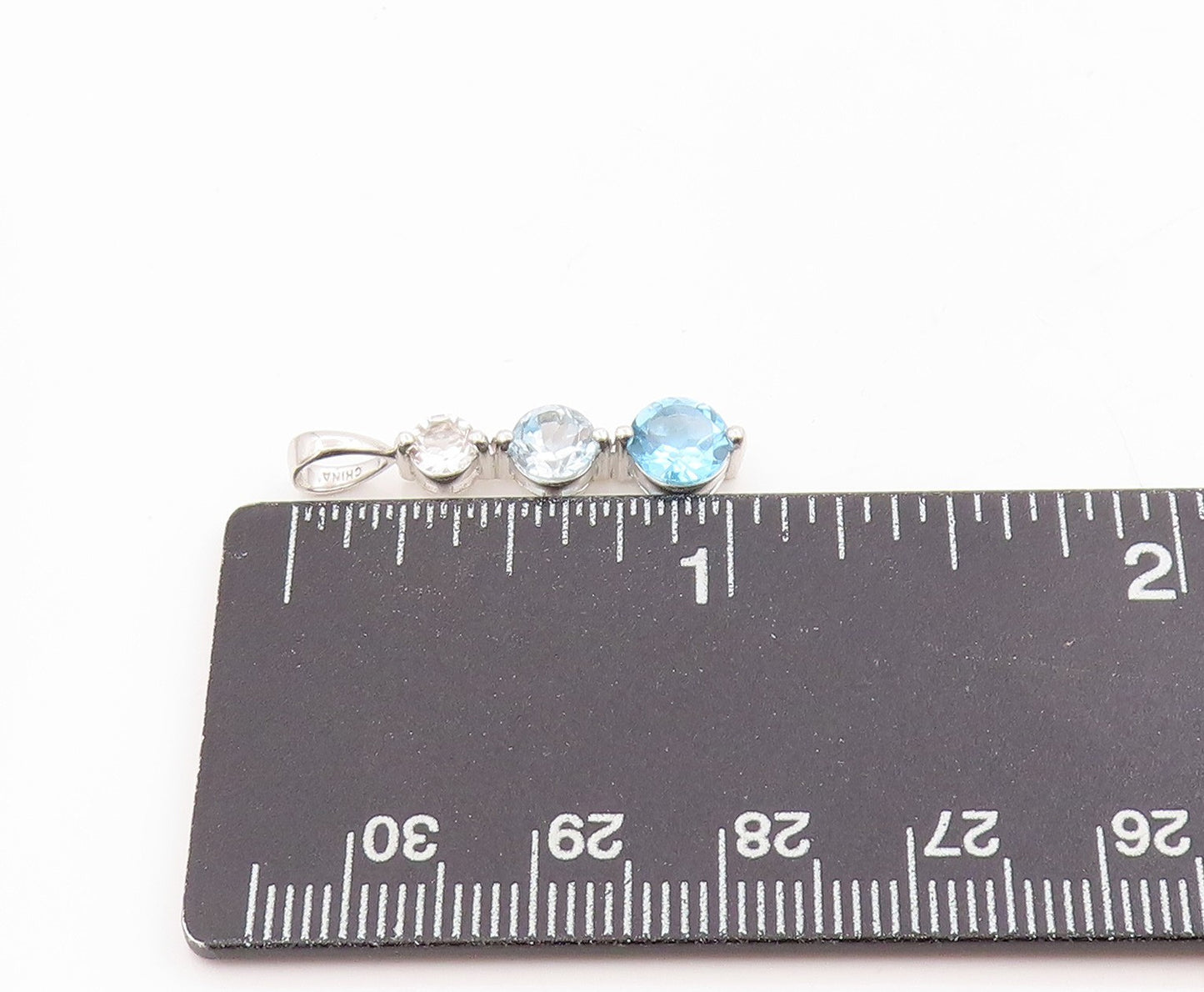 925 Sterling Silver Vintage Pendant Blue & White Topaz Three Stone Drop  PT25436