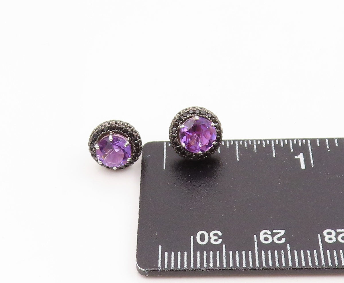 925 Sterling Silver Vintage Earrings Round Amethyst & Halo Spinel Studs  EG14146