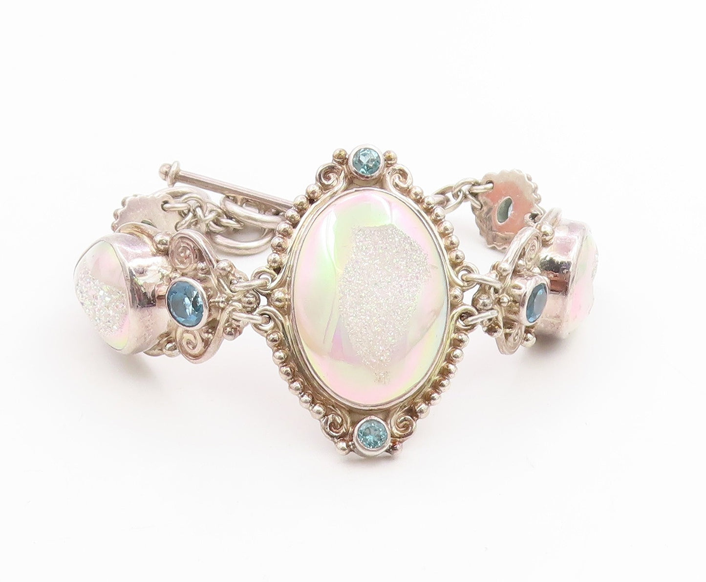 925 Sterling Silver Vintage Bracelet SAJEN Drusy Quartz & Topaz Link  BT12003