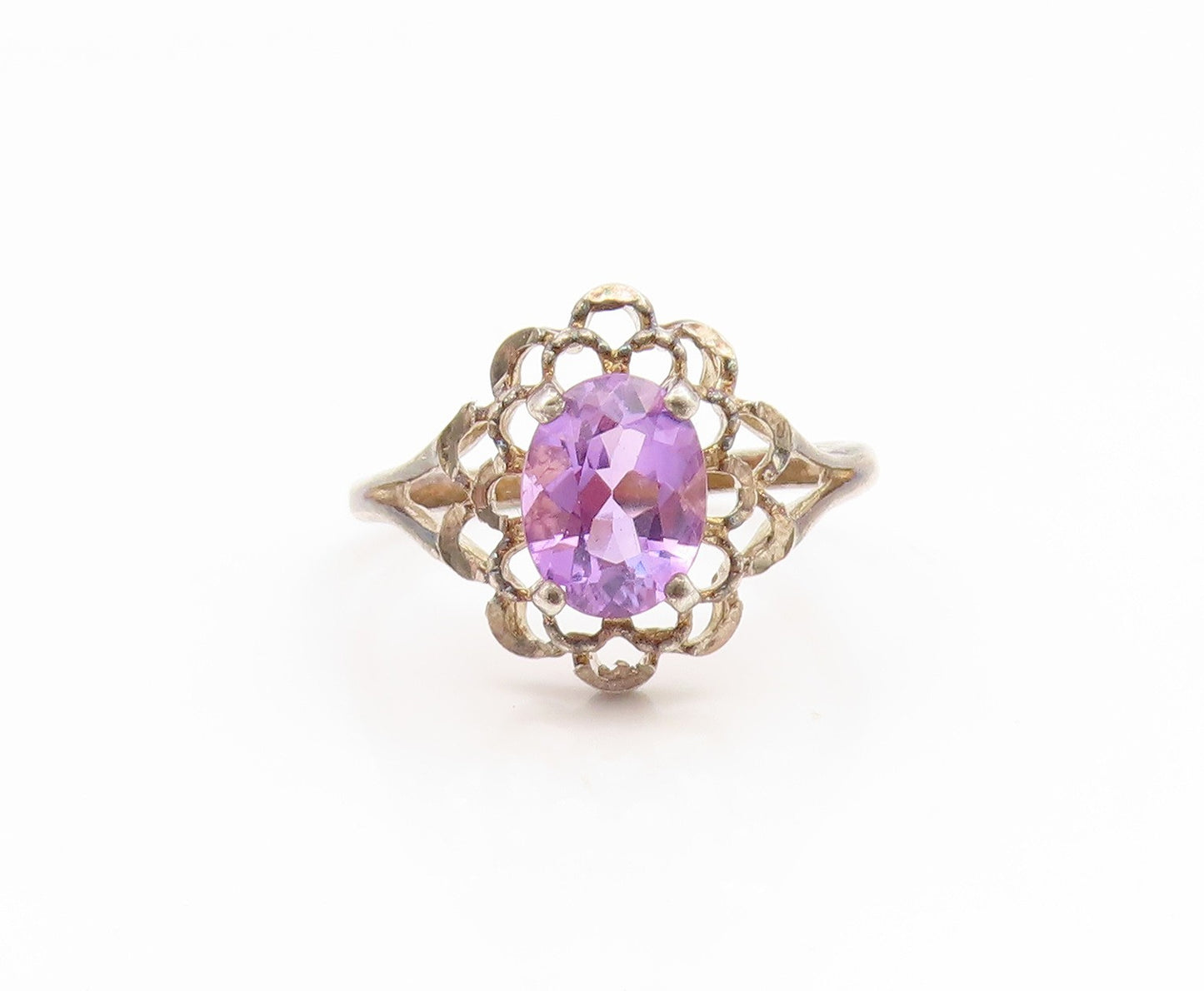 925 Sterling Silver Vintage Ring Oval Cut Amethyst Floral Cutout  Sz 8  RG35084