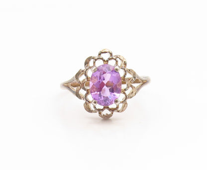925 Sterling Silver Vintage Ring Oval Cut Amethyst Floral Cutout  Sz 8  RG35084